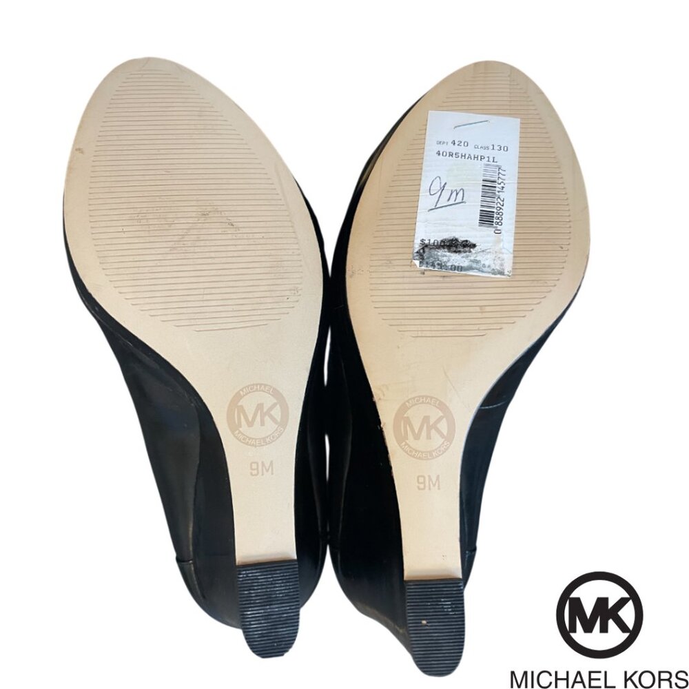 MICHAEL KORS Hamilton Black Leather Platform Wedge Heels Open Toe 9M Y2K - Picture 4 of 4